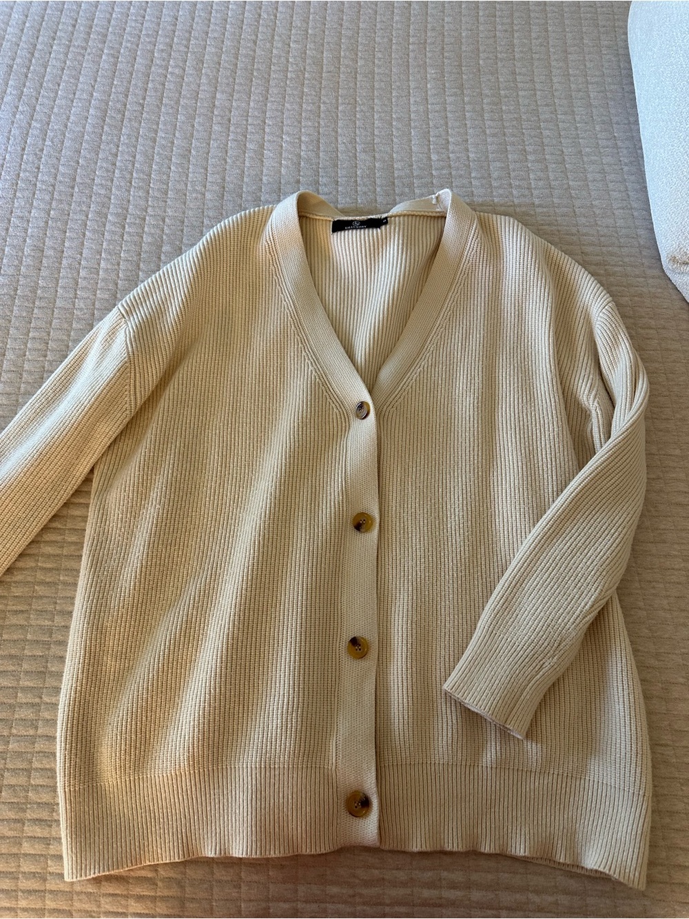Light Cream Ribbed V-Neck Button Cardigan Sweater